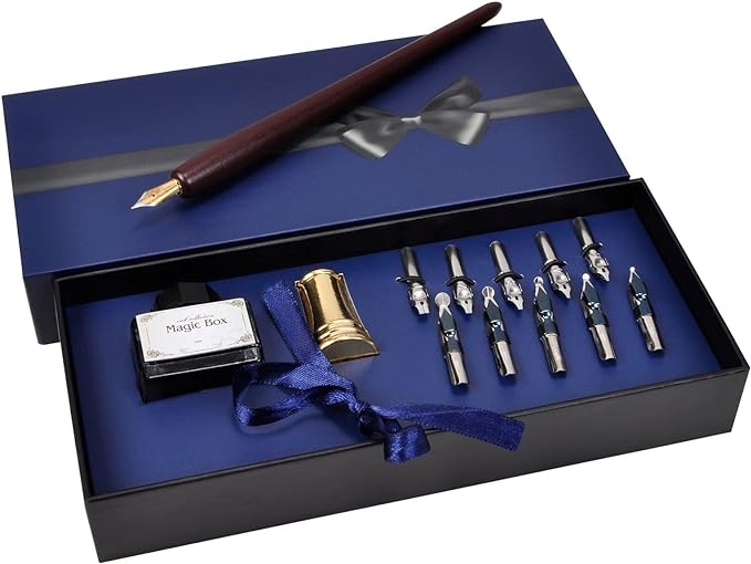 Plotube Wooden Pen Calligraphy Set - Dip Pen Gift Writing Case - Black Ink Bottle & Golden Holder & 11 Nibs and Beginner's Manual
