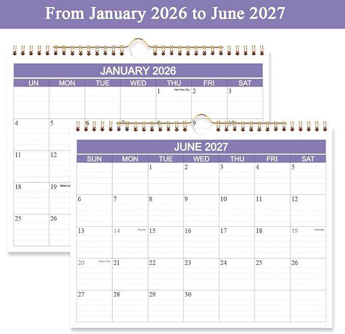2026 Calendar- Wall Calendar 2026 Runs from January 2026 to June 2027-18 Months Calendar with Thick Paper for Planning and Organizing for Home or Office, 8.5 x 11 Inches, Purple