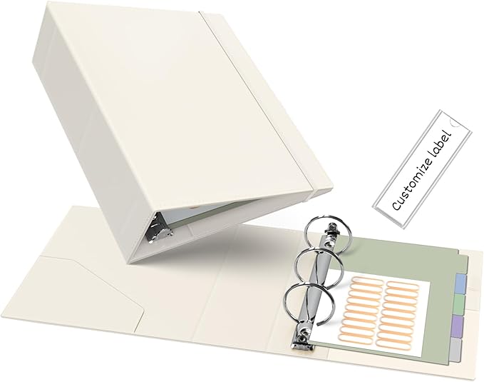 Ospelelf Leather Mini Binder Vintage Hardcover 2 Inch Rings, Professional Small 3 Ring Binders Organizer Suitable for 5.5" x 8.5" Documents, Binder Dividers with Tabs, Beige