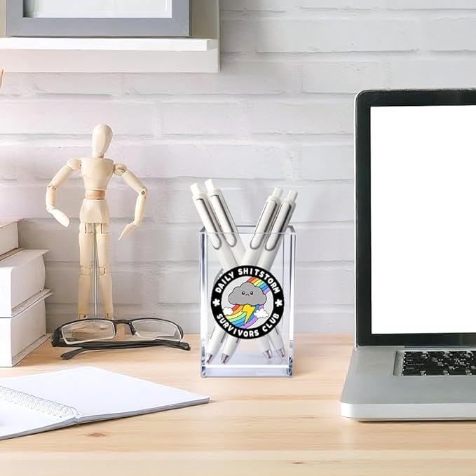 Vgrti Daily Sh!tstorm Survivors Club Acrylic Cosmetic Pencil Pen Holder Cup, Funny Rainbow Storm Cloud Desk Organizer Accessory for Home Office Decor, Humor Sarcastic Work Gifts for Women Men Coworker