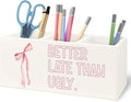 URLLUAE Better Late Than Ugly Funny Pink Makeup Brush Toothbrush Holder Organizer for Bathroom Vanity, Coquette Pink Bow Preppy Wooden Pen Pencil Holder for Desk Accessories
