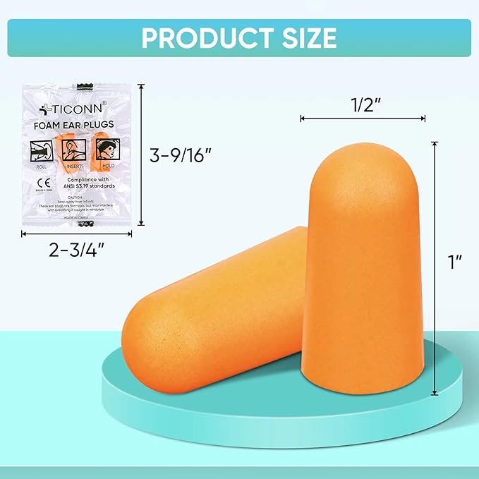 TICONN 100 Pairs Ear Plugs, 32dB Noise Reduction Earplugs for Sleeping Hearing Protection Travel Study Concentration Construction Site (100 Pairs)