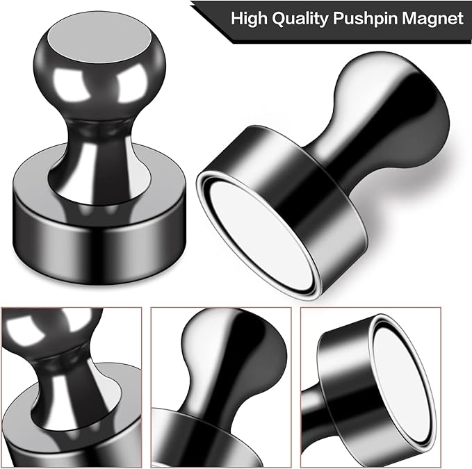 LOVIMAG 16Pcs Strong Fridge Magnets,Black Refrigerator Magnet, Push Pin Magnets,Strong Whiteboard Magnet for Map Pins, Kitchen, Office, School, Adults,Thumb Tacks Magnets,Dry Erase