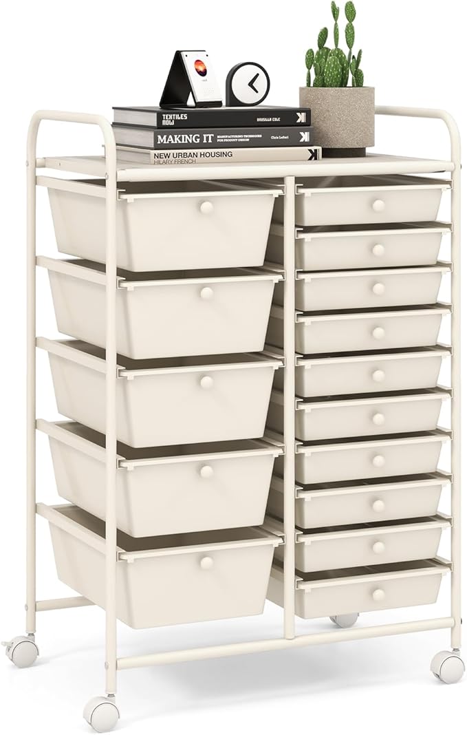 LDAILY 15 Drawer Rolling Storage Cart, Rolling Cart with Drawers for Classroom, Art Supply Craft Organizer on Wheel with Metal Frame & Handles for Home Office School