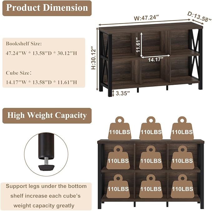 FATORRI 6 Cube Storage Organizer with Shelf, Short Horizontal Bookshelf for Living Room, Wood and Metal Cubby Bookcase, 47 Inch Industrial Low Book Shelf and Book Case (Dark Walnut)