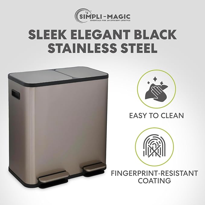 70 Liter / 18.5 Gallon Rectangular Hands-Free Dual Compartment Recycling Kitchen Step Trash Can with Soft-Close Single Lid, Stainless Steel (40L x 30L Capacity) Rose Gold Finish