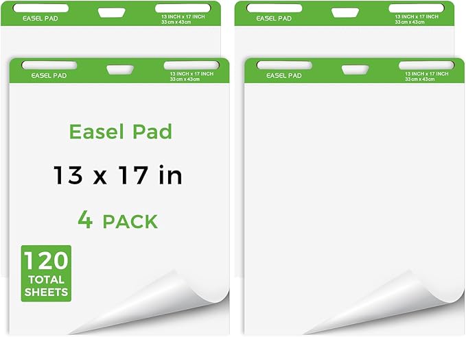 DINGIXOC Mini Easel Pads 13 x 17 Inch, 4 Pack Non-Stick Flip Chart Paper for Teacher, Training, Presentations or Brainstorming, 30 Sheets/Pad, Fits Most Easel Stands (White)