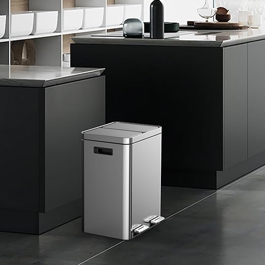 OUTLANE 40L Stainless Steel Dual Compartment Trash Bin, Step Pedal, Silent Soft Close, Removable Buckets, Fingerprint Proof, Home/Office Waste Separator, 37.6x42.8x58.9cm