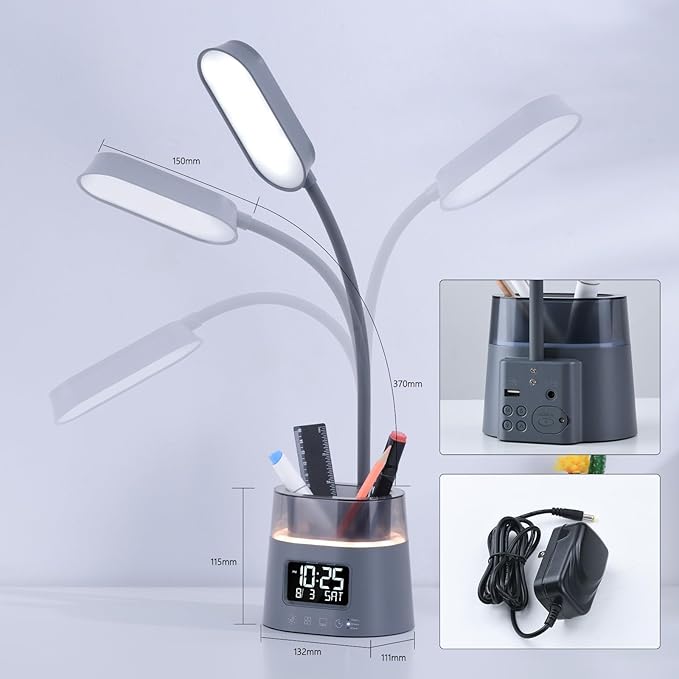 Led Desk Lamp for Home Office, Touch Table Lamp with USB Charging Port, 3 Color Modes Stepless Dimmable Reading Light, Gooseneck Lamp for Dorm Room, Bedside Study Light with Clock,Adapter Include
