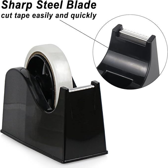 BOMEI PACK Desktop Tape Dispenser (Fits 1" & 3" Core) with Transparent Tape Refills, Clear Tape with Black Tape Holder,Weighted Non Slip Base, for Masking Tape,Heat Resistant Tape