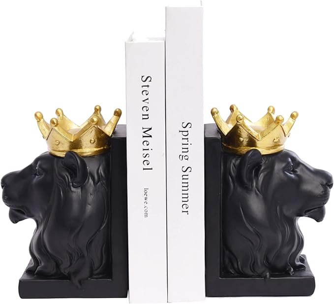 Kakizzy Book Ends Decorative, Lion Bookends for Shelves, Animal Book Stopper Decorative, Modern Book Ends for Heavy Books, Lion Figurines Statues Indoor, Unique Book Lover Gift(Black Lion)