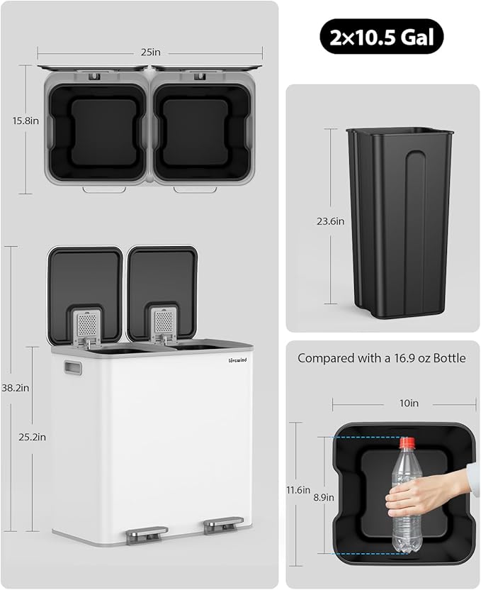 Lovewind Trash Can, 2 x 10.5 Gallon (2 x 40 L) Garbage Can for Kitchen Dual Compartment Recycling Kitchen Step Trash Bin, Stainless Steel Trash and Recycle Bin Combo with Soft-Close Lid, White