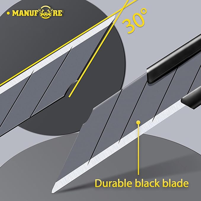 MANUFORE 30pcs Orange 9mm Snap-off Knives with Safety Auto-lock, Metal Handle, Black Blade, Lightweight Portable Retractable Cutter for office, school