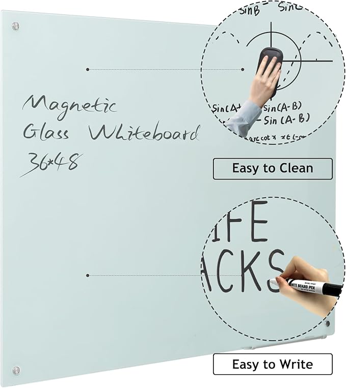 Magnetic Dry Erase Board - Frameless Glass White Board 48 x 36 Inches, Wall Mounted for Office, Home & School