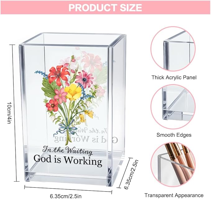 Vgrti in The Waiting God is Working Acrylic Cosmetic Bible Verse Pencil Pen Holder Cup, Floral Christian Desk Organizer Accessories for Home Office Decor, Christian Faith Gifts for Women Girl Coworker