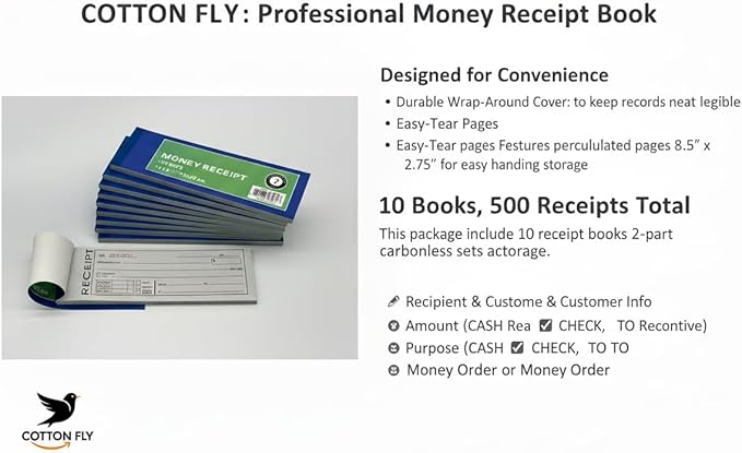 Cotton Fly 10 Pack Pre-Numbered Money and Rent Receipt Book, 2-Part Carbonless Duplicate Cash Invoice Book, 50 Sets per Book, 8.5 x 2.75 Inches