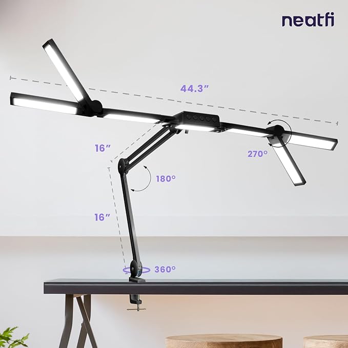 Neatfi (New Model) 3,000 Lumens LED Desk Lamp, Dimmable, 360 SMD LEDs, 30W, CRI 95, Adjustable Light Modes, Task Lamps for Home Office, Study Lamp, Desk Light Bar (CCT with Clamp, Black, 44 Inches)