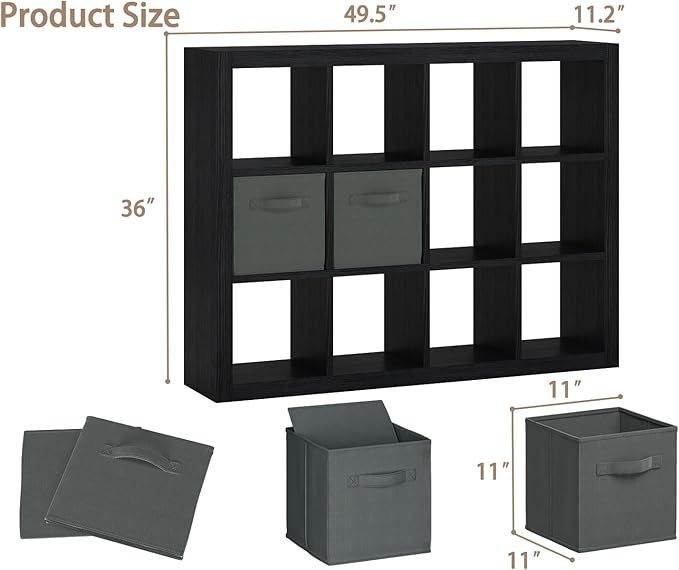 furtble Bookshelf with Storage Bin, 12-Cube Storage Organizer, Modern Wood Open Bookcase, Multifunctional Display Shelf for Living Room, Bedroom, Home Office, Black