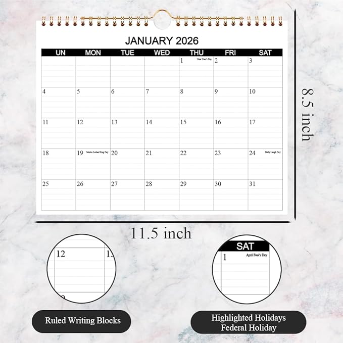 Calendar 2026 - Wall Calendar 2026 Runs from January 2026 to December 2026, 12 Months Calendar with Thick Paper for Planning at Home or Office, 8.5 x 11 Inch, Black