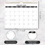 Calendar 2026 - Wall Calendar 2026 Runs from January 2026 to December 2026, 12 Months Calendar with Thick Paper for Planning at Home or Office, 8.5 x 11 Inch, Black