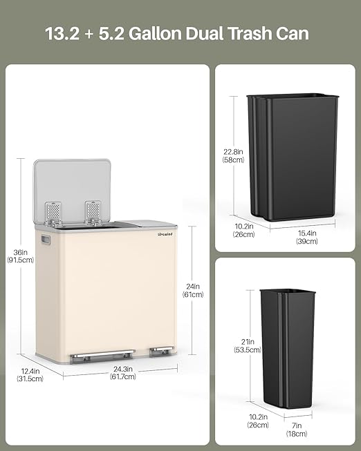 Dual Trash and Recycling Bins for Kitchen, 13.2 + 5.2 Gal (50+20L) Stainless Steel Trash and Recycle Bin Combo with Soft-Close Lid, Large Garbage Cans for Kitchen Home with 2 Magnets Sticker, Apricot