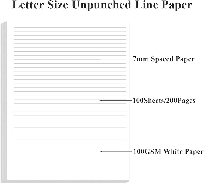 Unpunched Line Paper - 100 Sheets/200 Pages Loose Leaf Paper Line Refills, Letter Size, 100gsm, White, 8.5" x 11"