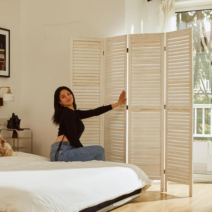 Room Dividers and Folding Privacy Screens, Wood Louvered Separators Divider Wall for Home Office Bedroom - 4 Panels, 67 * 60inch (White-Washed)