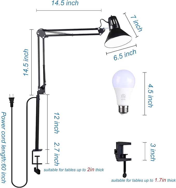 juttilax Swing Arm Desk Lamp for Home Office 360°Adjustable,Tall Metal Clamp on lamp with Bulb,Eye-Caring Clip on Desk Light for Computer Work Study Reading and Drafting