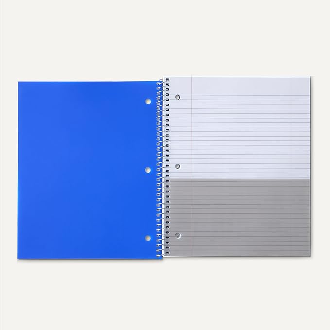 Amazon Basics Wide-Ruled Spiral Notebook with Pocket Divider, for School, Office and Work, 100 Sheets, 8" x 10.5", Assorted Primary Colors, 3-Pack