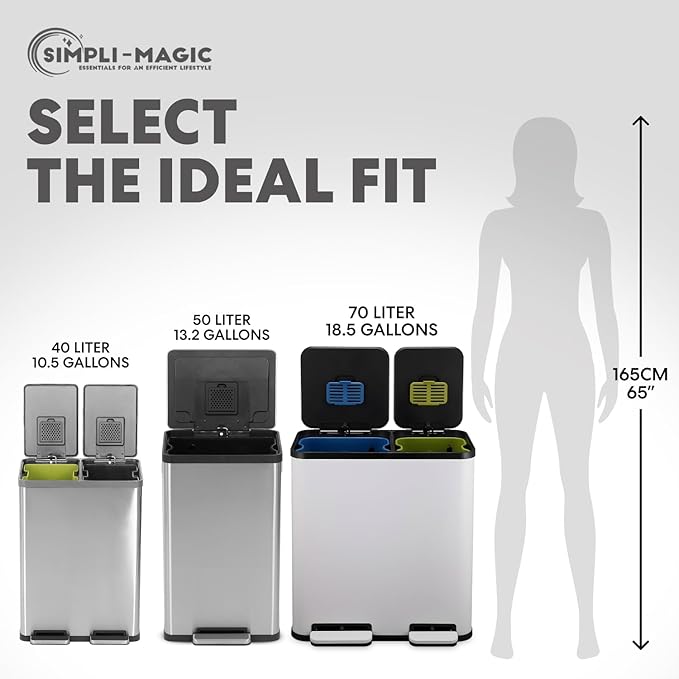 70 Liter / 18.5 Gallon Rectangular Hands-Free Dual Compartment Recycling Kitchen Step Trash Can with Soft-Close Single Lid, Stainless Steel (40L x 30L Capacity), White
