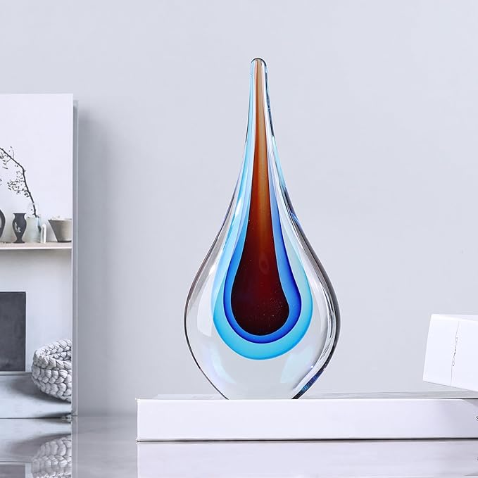 9" Tall Sculpture Hand Blown Glass Decor, Paperweight for Office Desk, Modern Glass Art Figurines Mediterranean Beach House Decor, Living Room Coffee Shelves Table Top Decoration (Red Blue)