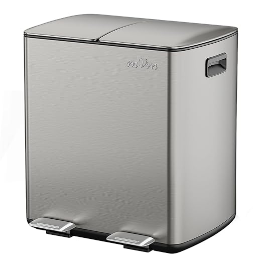 mVm Kitchen Trash Can,2x5.3 Gallon(2 x 20 L)Dual Trash cans and Recycle Bin Combo with Foot-Pedal,Anti-Fingerprint,Soft-Close,Brushed Stainless Steel Garbage Can for Kitchen,Living Room(Metallic Gray)