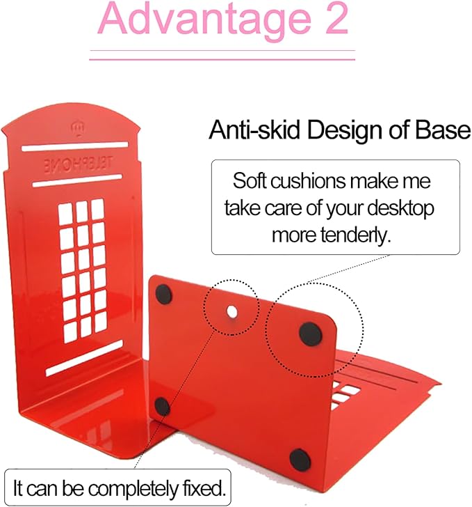 MerryNine 6 Pack Book Ends, Metal Bookends for Shelves, Telephone Booth Decorative Bookends, Non Skid Heavy Bookends, Book, Magazine or CD Organizers for Home and Office (Red-6pcs)