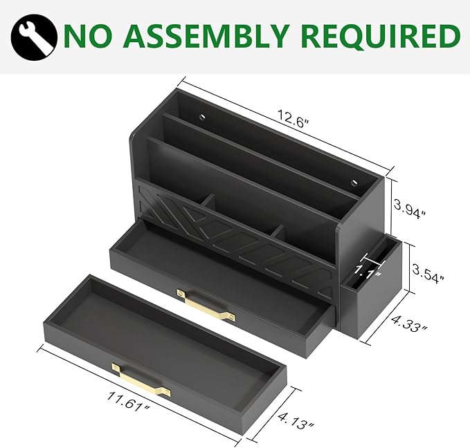 WISUCART Bamboo Desk Organizer Mail Holder Countertop Wood Desk Drawer Tabletop Storage Box Pen Holder Letter Sorter Makeup Organizer for School Home Office Supplies with Pen Holder Black
