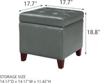 Adeco Bonded Leather Square Tufted Cubic Cube Footstool, 18" Height Storage Ottomans, with Lid, Cement Grey