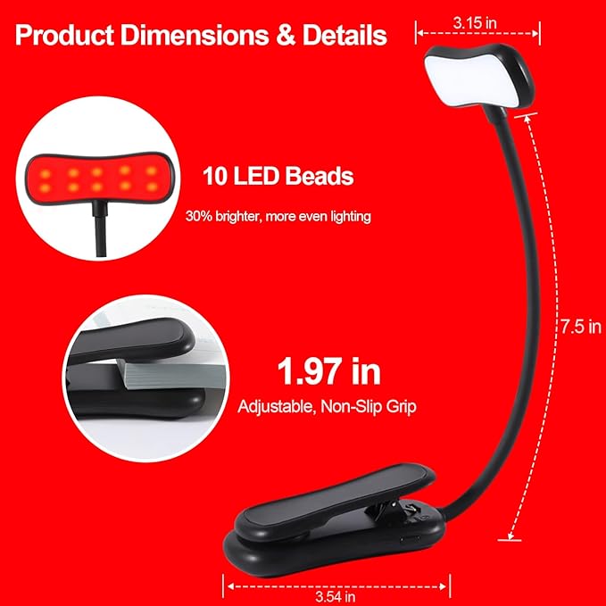 Finezeal 630nm Red Book Light - Zero Blue Light, Rechargeable Clip On Red Reading Light for Reading at Night, Poratble Dimmable LED Book Lamp, Perfect for Travel Nursing Studying(2 Pack)