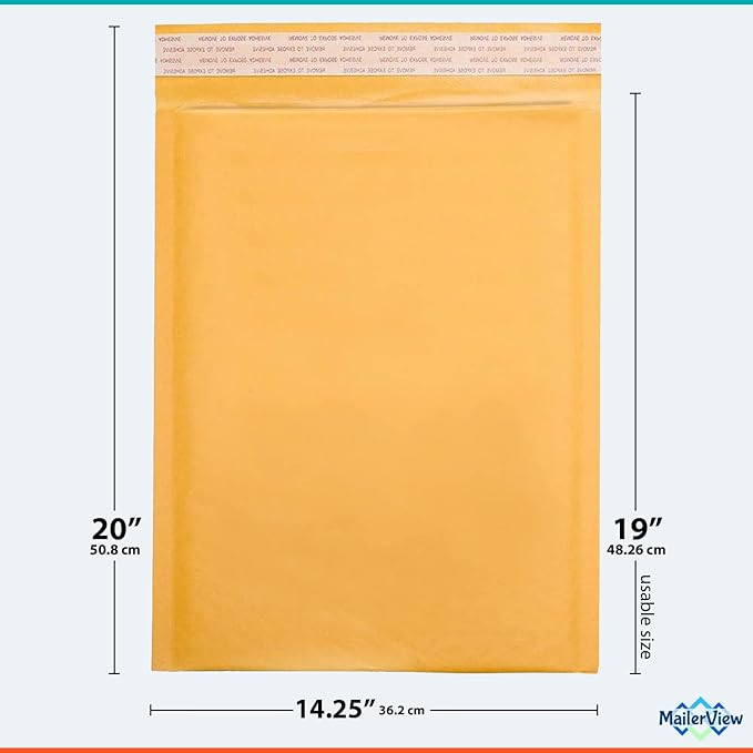 Kraft 14.25x20 Extra Large Bubble Mailers #7 | Self Seal Padded Envelopes | Air Lined Cushioned Yellow Bubble Mailer | Usable Size 14.25x19 | 50 Pack Bulk | Lightweight shipping Bags | Made in USA