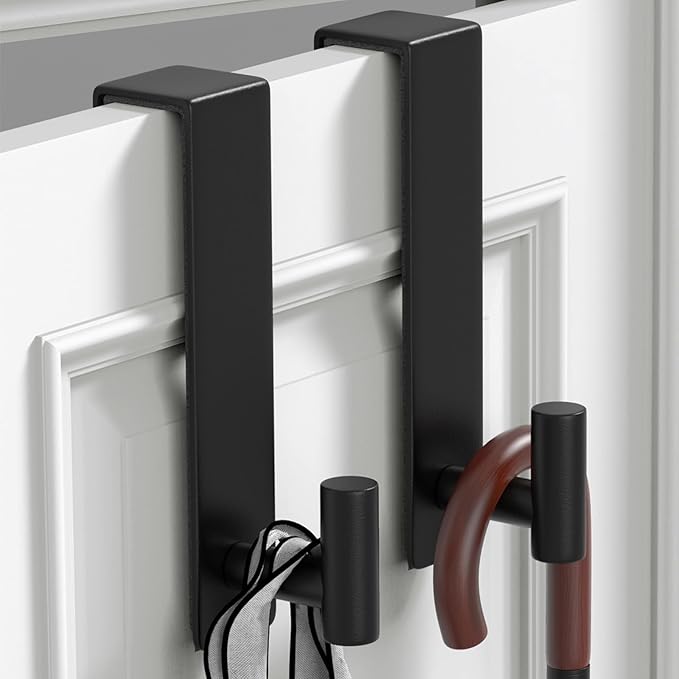 PMMASTO 2-Pack Over The Door Hooks - Rustproof Stainless Steel Door Hangers for 1-3/4 Inch Doors, Non-Marking and Tool-Free Easy Install (Black, T Shape-Fits 1-3/4" Thick Door)