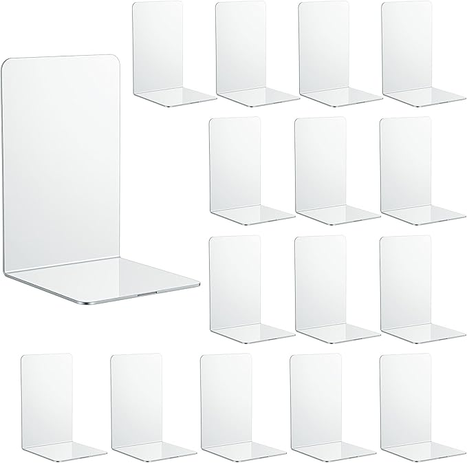 16 Pcs Clear Acrylic Bookends for Shelves, Heavy Duty L-Shaped Book Ends for Books, Invisible Book Organizer & Holder for Office, Home, Library