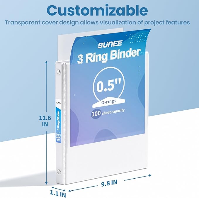 SUNEE White Binders 1/2 Inch 36 Pack Bulk, Clear View 3 Ring Binders PVC-Free (Fit 8.5x11 Inches) for School or Office Supplies