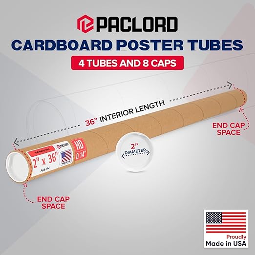 Paclord 2" x 36" Heavy-Duty Reinforced Cardboard Mailing Tube, Pack of 4 Tubes with 8 Caps – Secure USPS Approved – Great for Shipping and Storing of Prints, Artwork, Posters or Documents