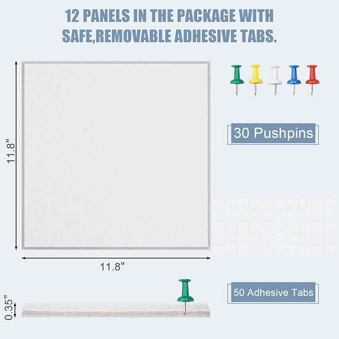Large Cork Board Alternative 48" X 36" Bulletin Board - 12 Pack Removable Felt Wall Tiles with 30 pushpins, Large Cork Boards for Walls Cork Board for Office Pin Board Tack Board - Warm White