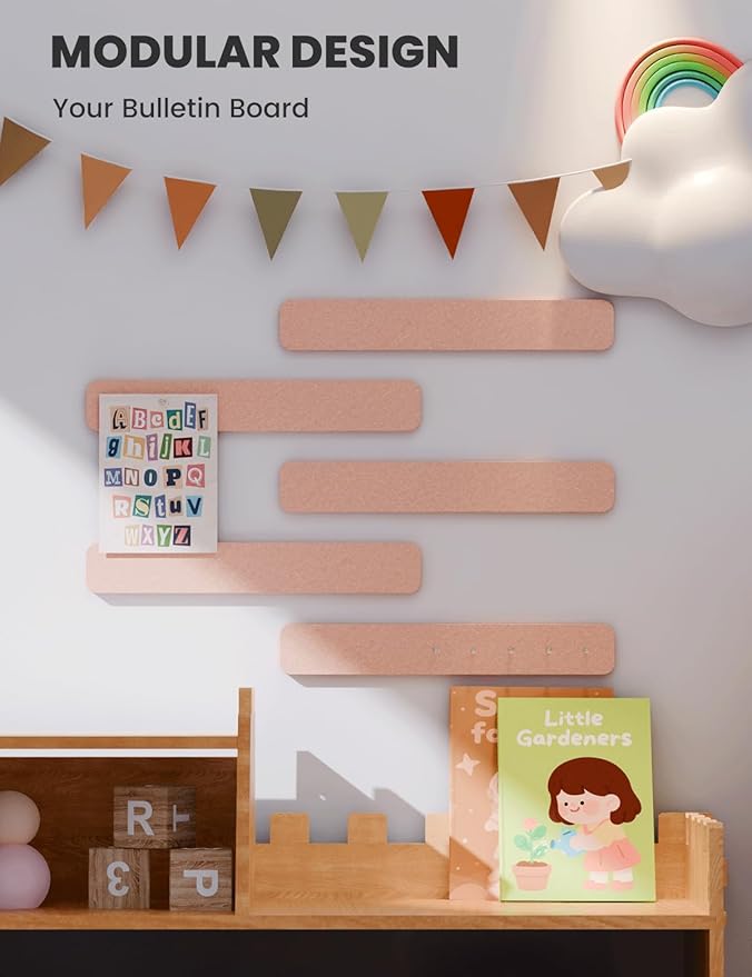 Fluxynara Cork Board Alternative Felt Strip Board 5-Pack 13"x2", Office Pin Board with 35 Push Pins, Adhesive Install for Bedroom Door & Home Office(Pink)