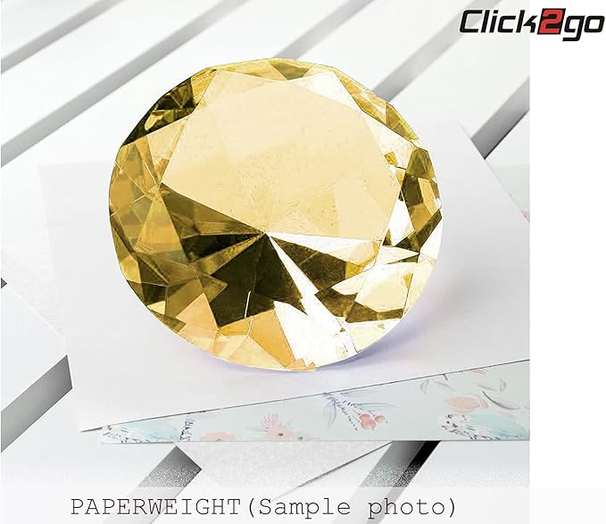 CLICK2GO 3” / 80 mm Yellow Diamond Shaped Glass Crystal Paperweight – Home Office Decor & Wedding Favors Decoration with Gift Box