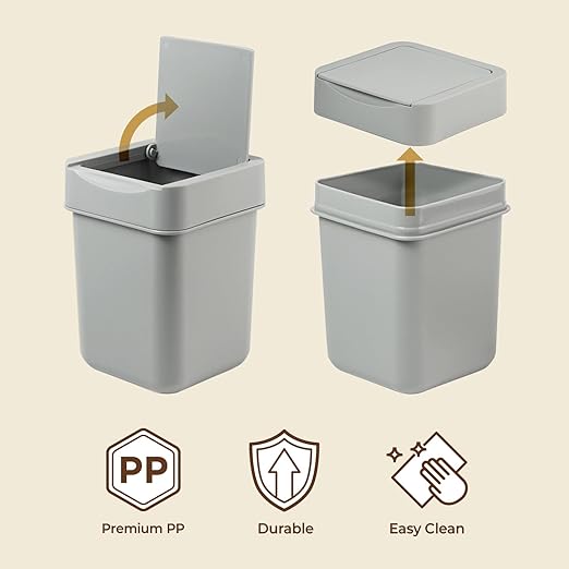 carrotez Mini Trash Can, Countertop Trash Can 2 Liter/ 0.5 Gallon, Mini Wastebasket, Garbage Container Bin for Coffee Area, Bathroom, Kitchen, Office, Tabletop- Grey