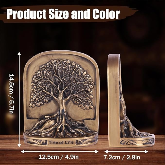 Resin Tree of Life Bookends Set, 2Pcs Decorative Non-Skid Book Ends for Heavy Books, Shelves, Bookcase or Desk - Antique Bronze Color Home Décor Gift, Library and Office Decor