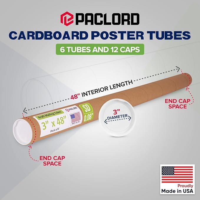 Paclord 3" x 48" Reinforced Kraft Paper Mailing Tube, Pack of 6 Tubes with 12 Caps – Secure USPS Approved Poster Tube – Cardboard Tube for Shipping and Storing Posters, Prints, Artwork, or Documents
