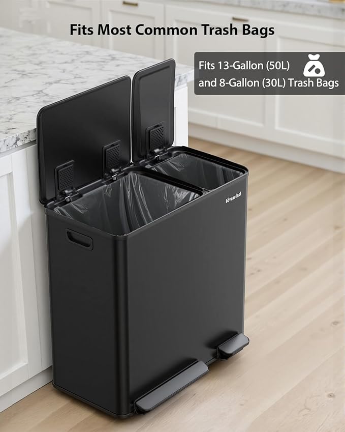 Lovewind Dual Trash Can, 14 + 6 Gallon Garbage Can for Kitchen Dual Compartment Recycling Kitchen Step Trash Bin, Stainless Steel Trash and Recycle Bin Combo with Soft-Close Lid, Black