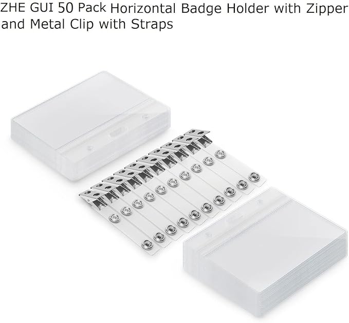 ZHEGUI Clear Plastic Name Tag Holder and Metal Badge Clips with Vinyl Straps Waterproof PVC ID Card Holders Heavy Duty(50 Pack, Horizontal Large 3x4)