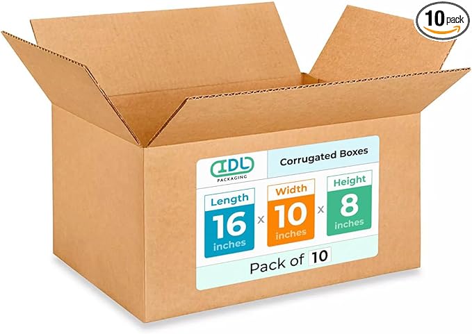 Medium Moving & Shipping Boxes 16x10x8 inches (10-Pack) - Extra Strength 200 lb vs Regular - Corrugated Cardboard Boxes Moving - Medium Moving Box for USPS, FedEx - Carton Box by IDL Packaging